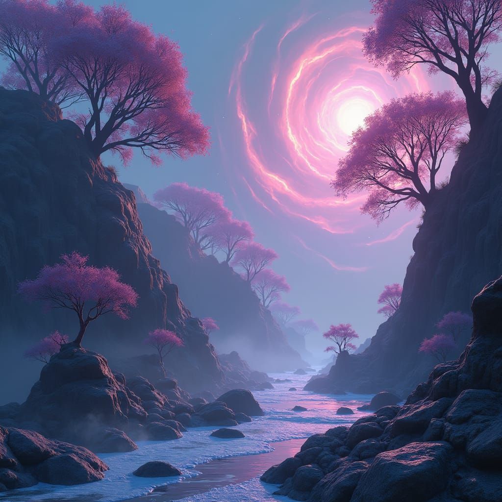Surreal Alien Landscape with Bioluminescent Trees