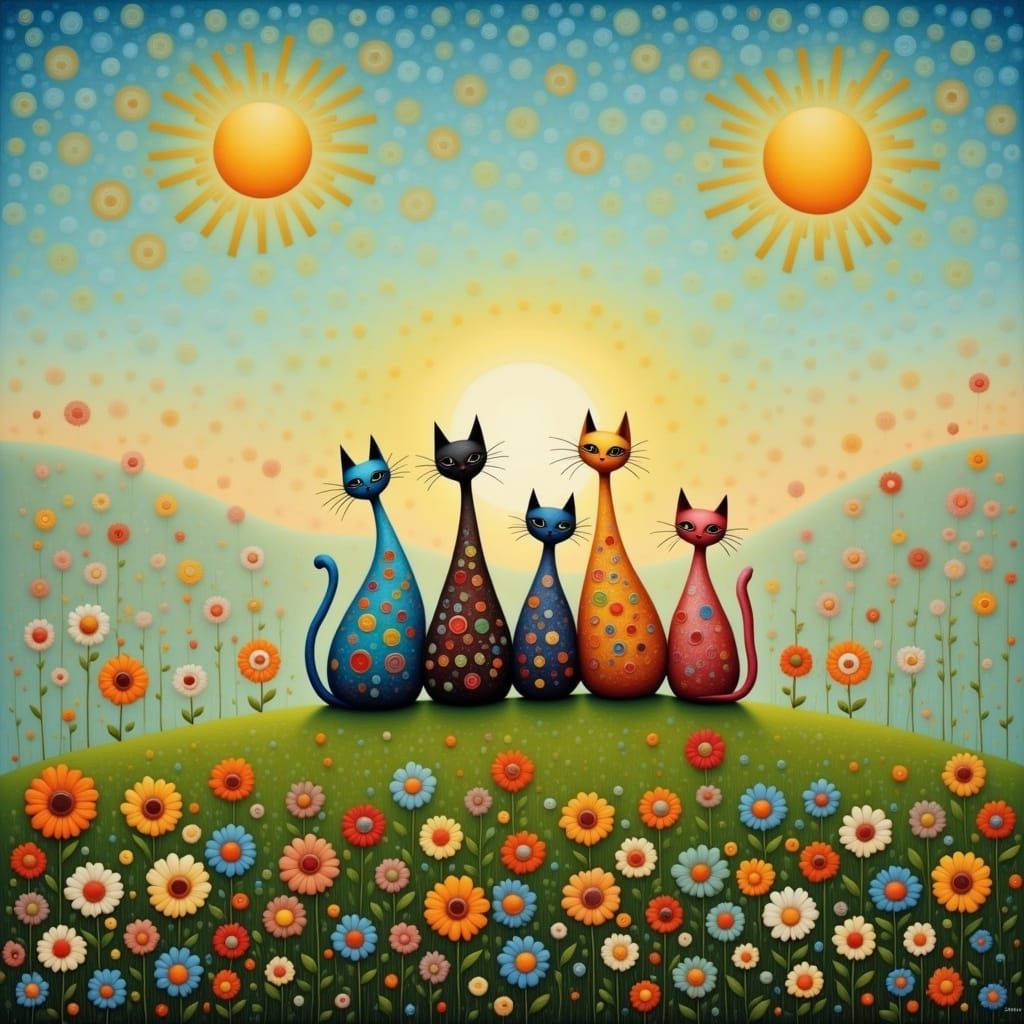 <lora:Flux Surreal ArtBrut:1.0> Cat friends sitting on a sunny hill