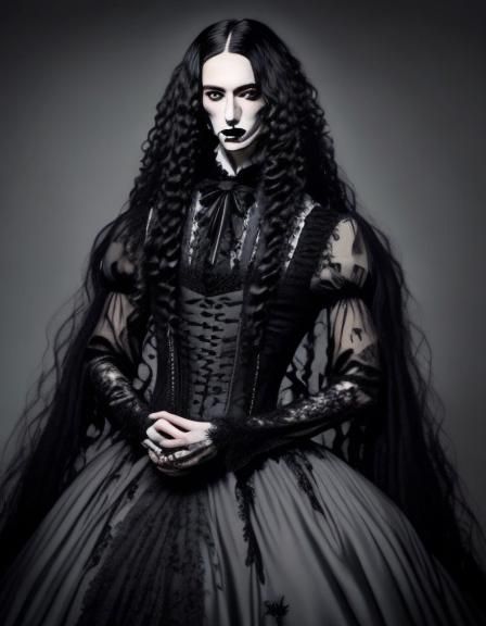 <lora:Goth fashion 2:1.0> Goth man long curly hair full lace ball gown, definite clear man face, open grey eyes, man in full dress, hazy dar...