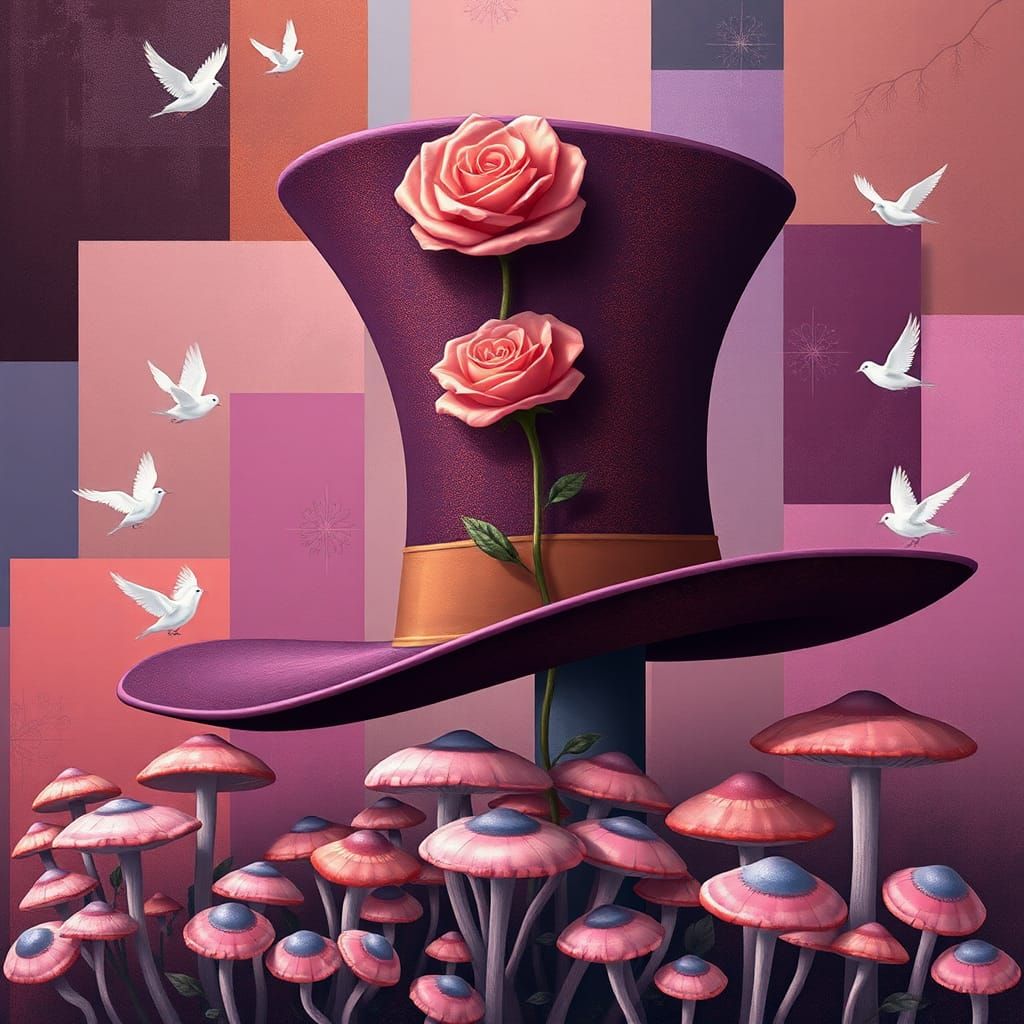 an abstract of a large brimmed hat, a rose, abstract  geomet...