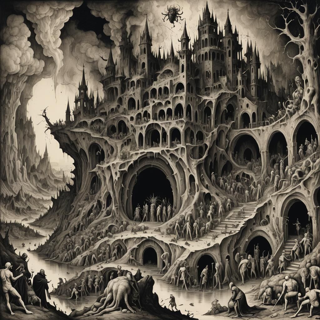 A pen and ink depiction of Dante's inferno, as drawn by Hier...
