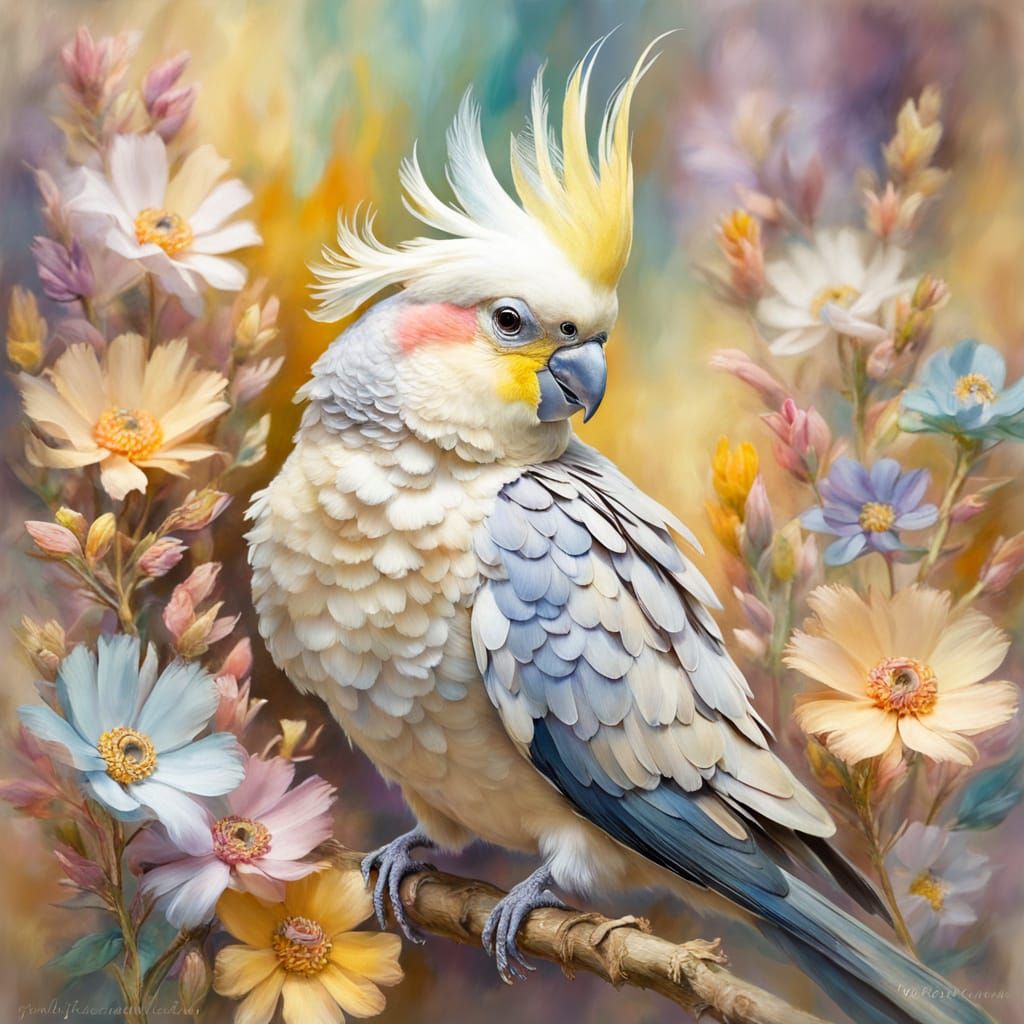A vibrant, artistic depiction of a cockatiel perched among intricate swirls of colorful flowers and ornamental ...  by @Trish2