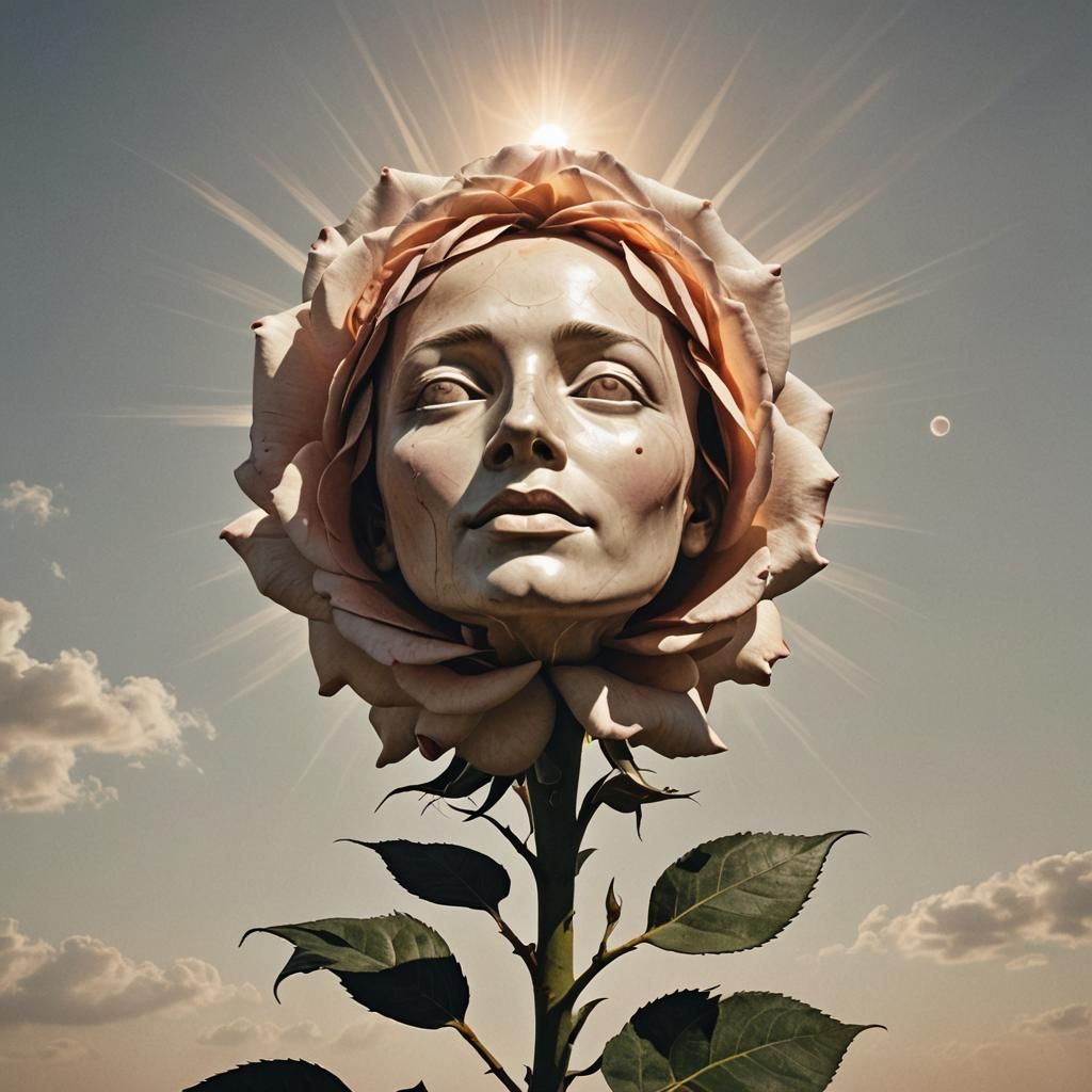A ROSE Flower, with a human face, looking up at the sun...