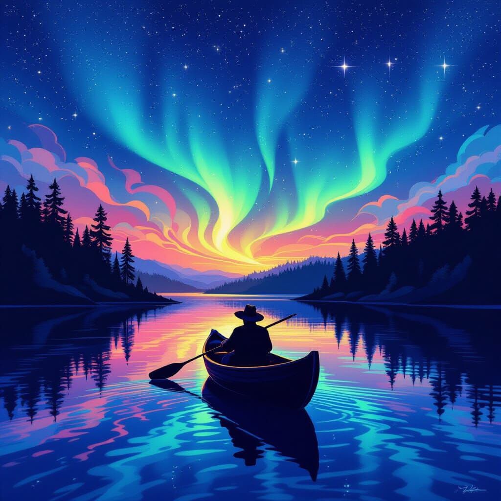 Serene Lake Rowboat Under Aurora and Stars