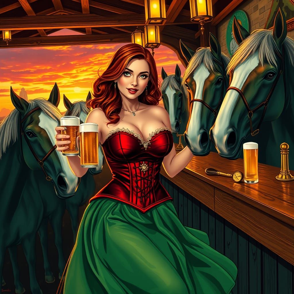 Pin-Up Lady Serves Beer in Silhouette Art Style