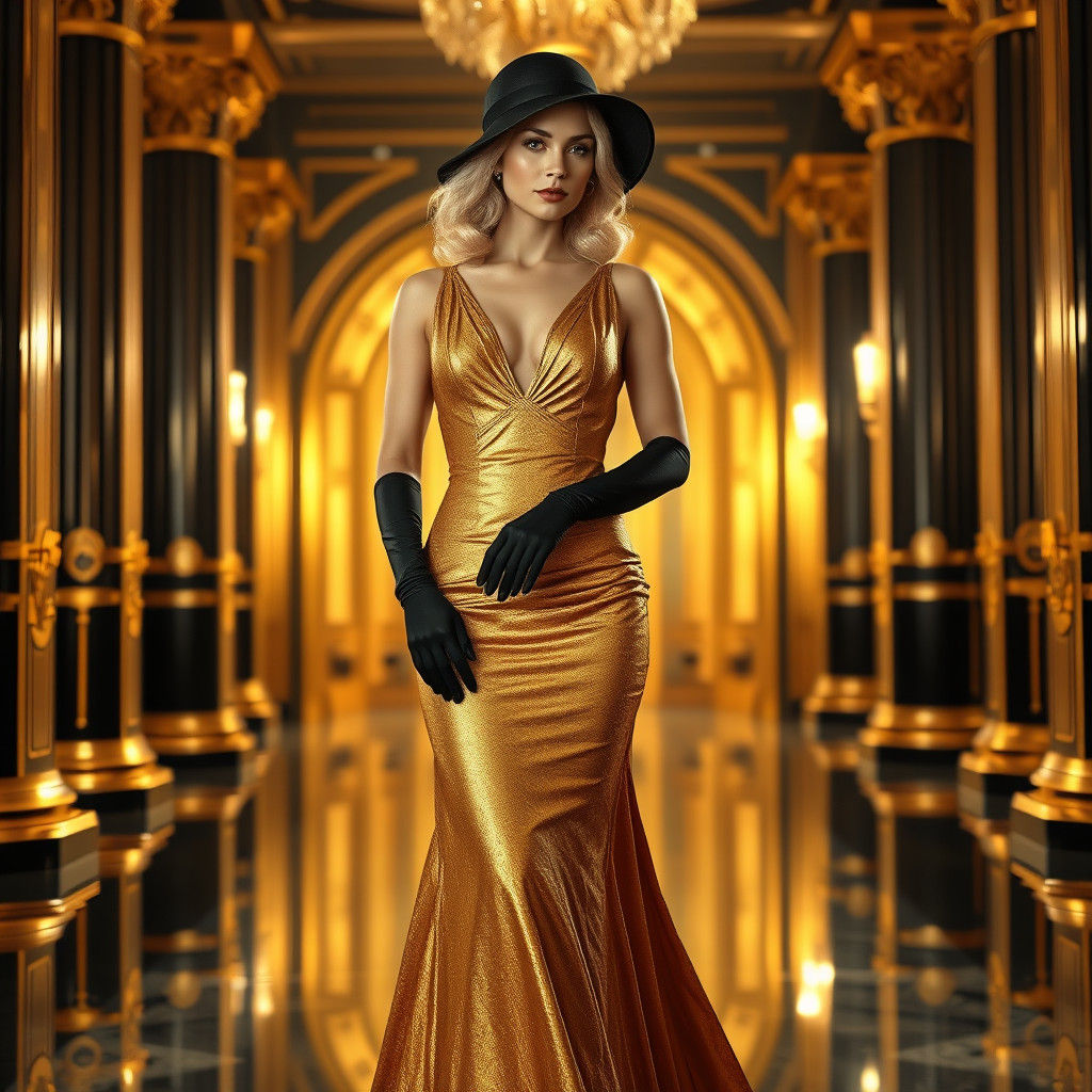 Super Realistic Prompt:
"A stunning blonde woman with a sculptural figure and delicate facial features, wearing a long, form-fitting golden...