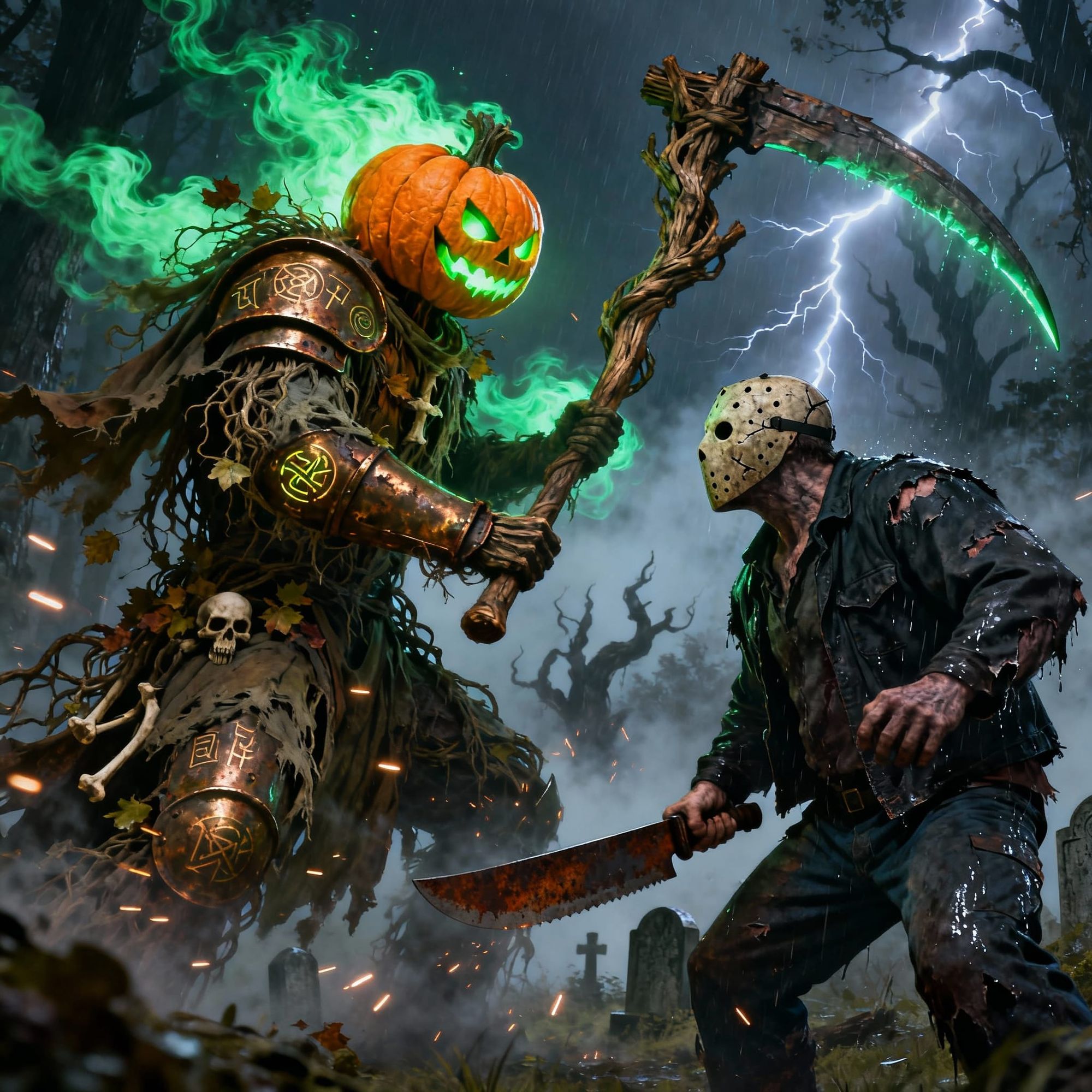 An epic dark fantasy battle between two iconic figures — a towering pumpkin-headed reaper and a masked undead killer — taking place in a fog...