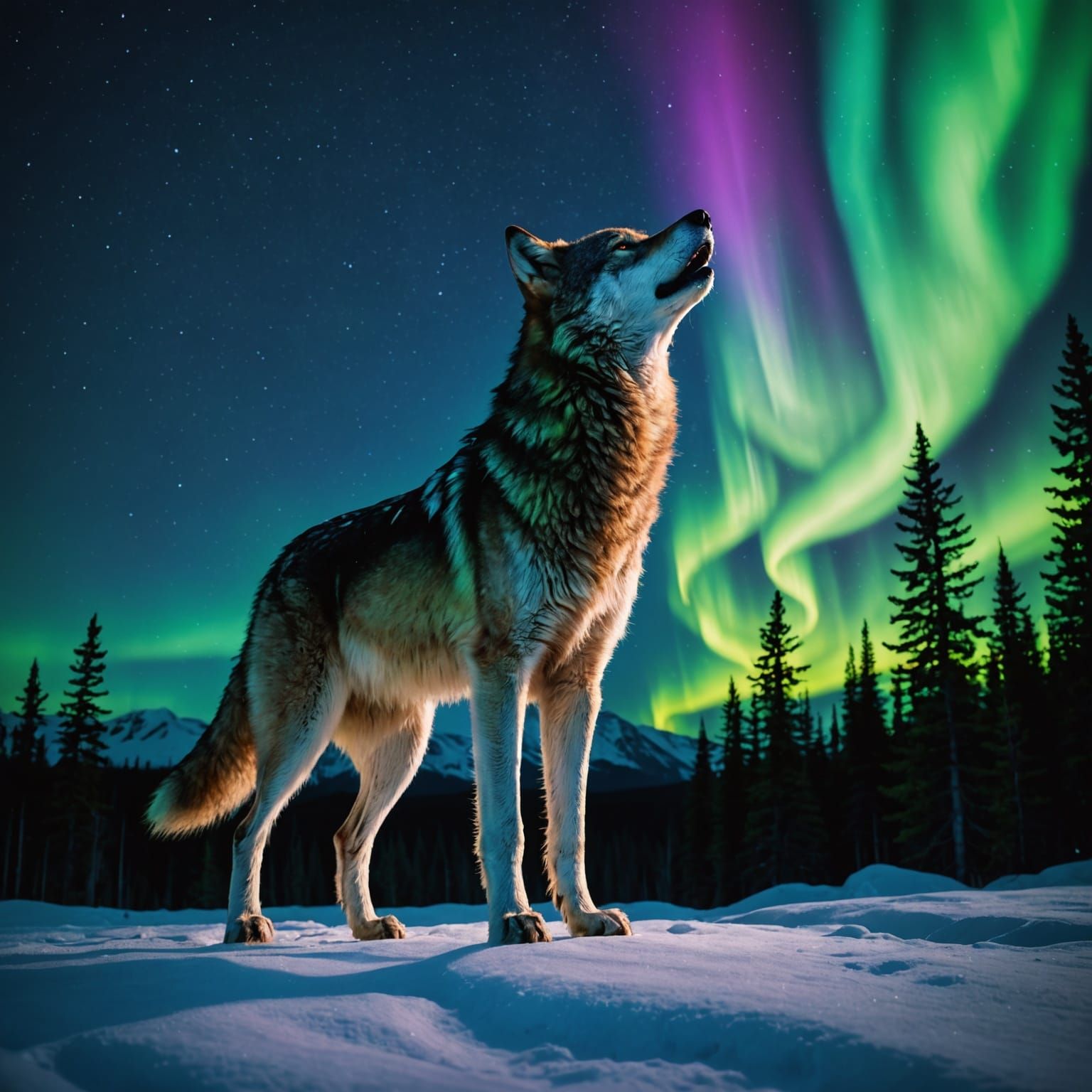 wolf howling, vibrant aurora borealis, starry night sky, photorealistic detail, 4 legs, long exposure effect, dramatic lighting, serene atmo...