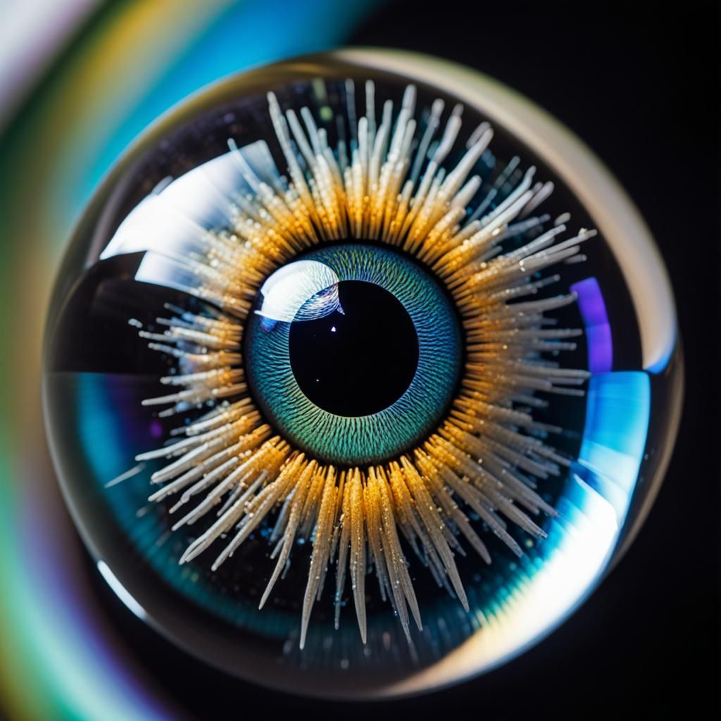 glass eye iris, exploding sphere, f/2.8, shards, shimmering