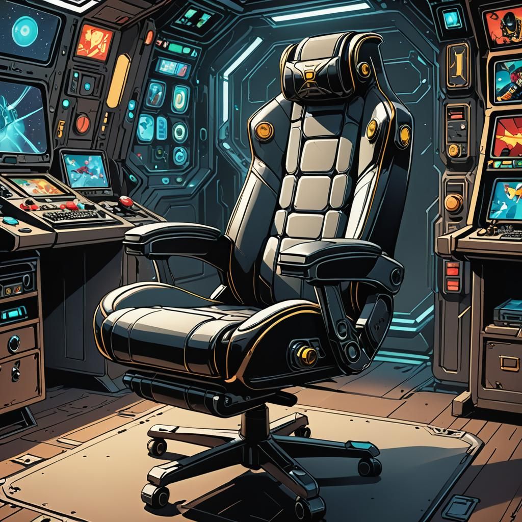 A gaming chair, stylized like a starship captains chair, pan...
