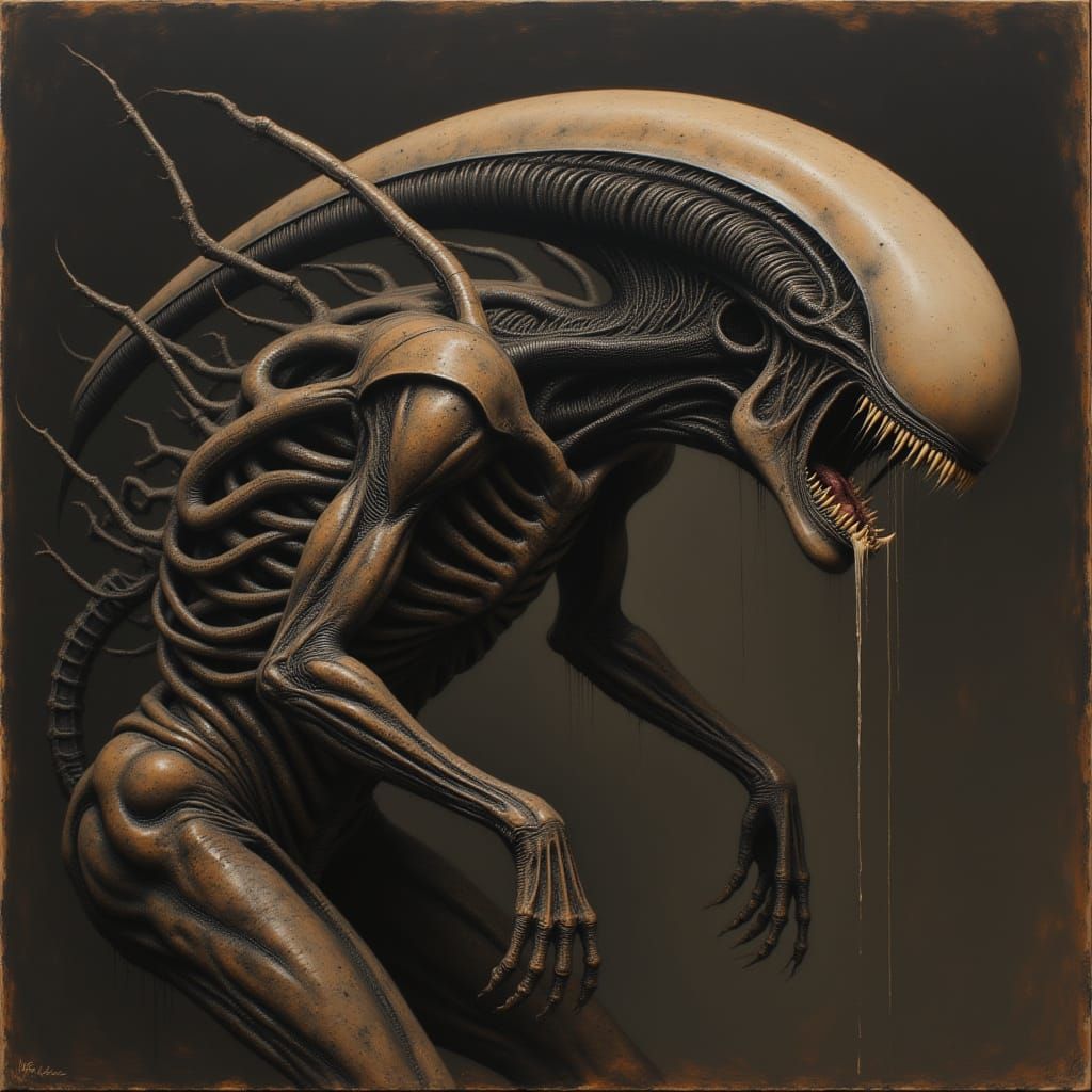 <lora:LV-426:1.0> HR Giger, biomechanical, xenomorph, agile, sharp teeth, saliva, ossified lattice, oxidized copper, chiaroscuro, spectral

...