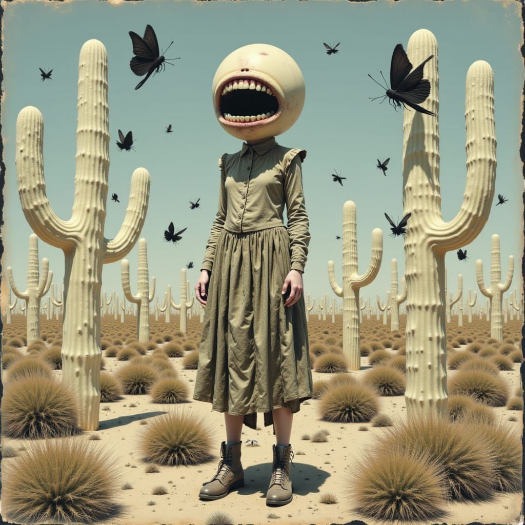 A distorted lowbrow girl without a face stands amidst eerily tall spindly white cacti in the desert as black moths swarm about. Lowbrow Popa...