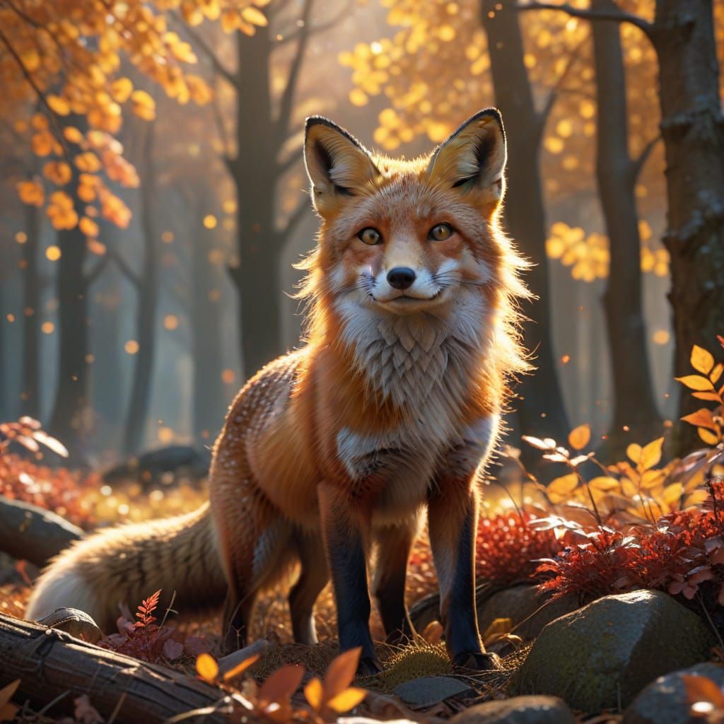 Red Fox in Autumn Forest, Digital Illustration