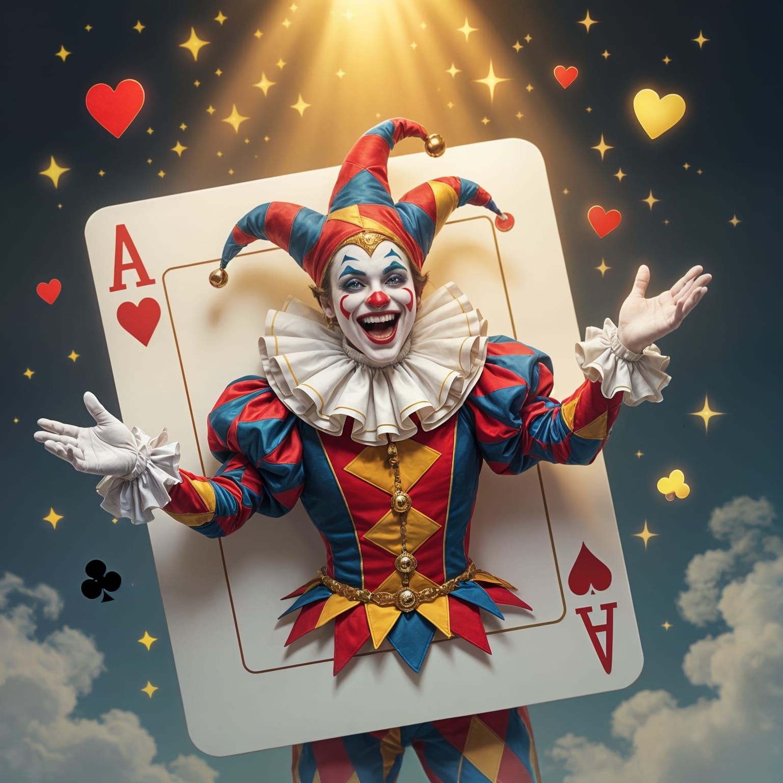 A joyful jester bursting out of a giant playing card (Ace of Hearts), wearing a colorful harlequin costume ...  by @Zacharo