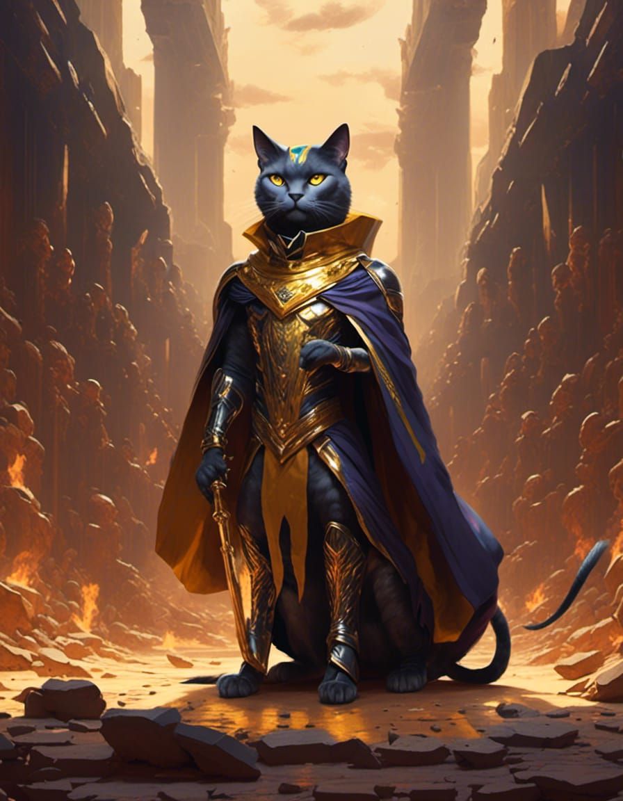<lora:firey:1.0> a cat dressed as Ozymandias, concept art, p...
