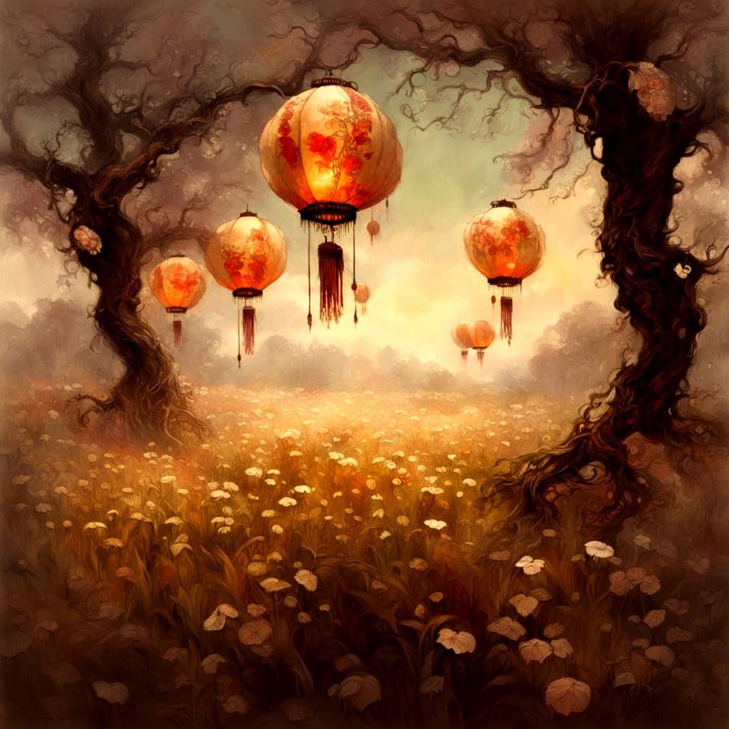 Translucent Chinese Lanterns: A Sepia Dreamscape