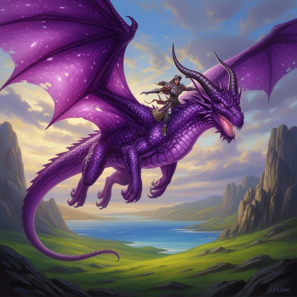 Amethyst Dragon Soars with Rider Over Epic Landscape