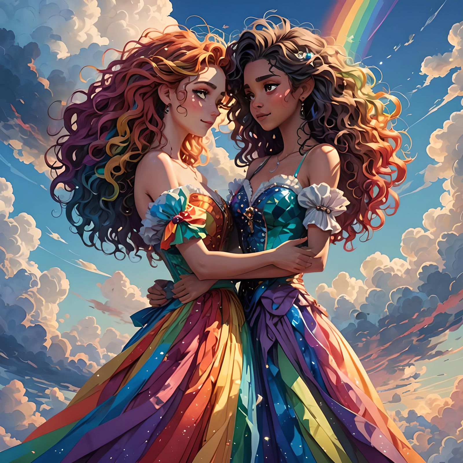 Two women standing next to each other, holding each other, e...