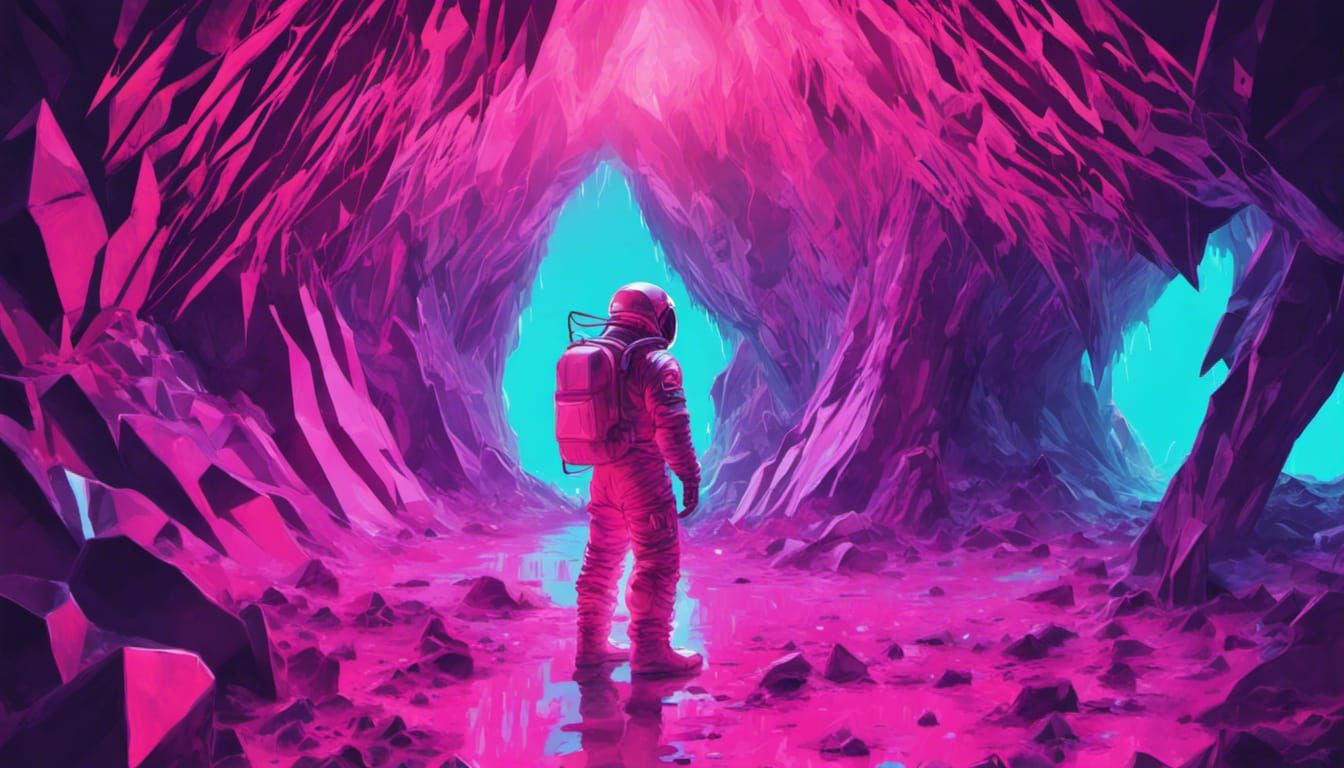 astronaut in crystal caves with spikes everywhere