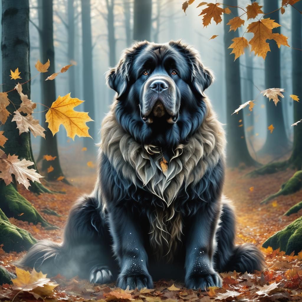 autumn Newfoundland dog maple leaf with falling leaves