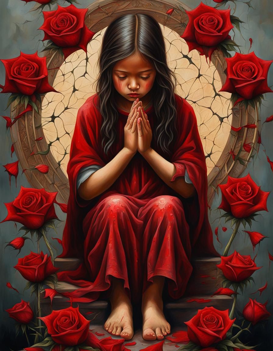 Emotional Girl Praying with Rose Thorns