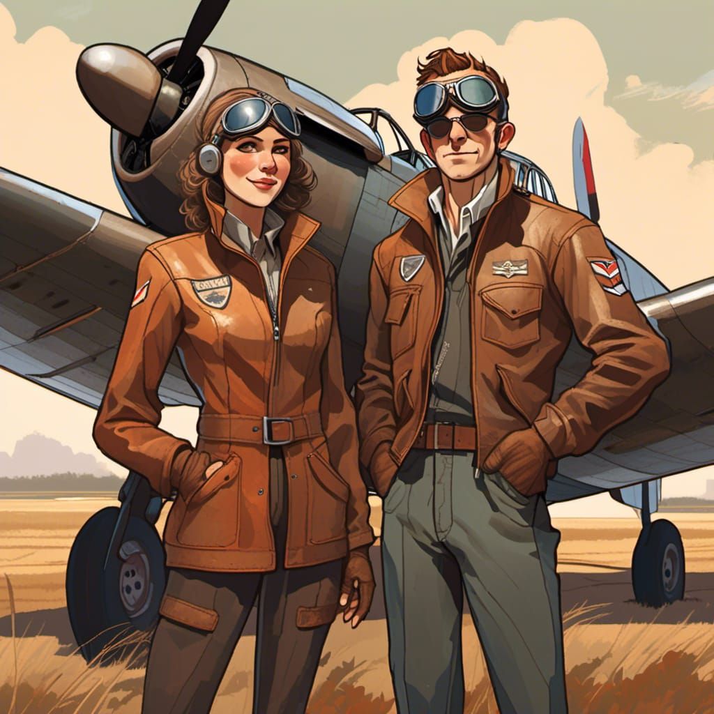 <lora:pulpc:1.0> 1930s Pilots standing next to Spitfire by J...