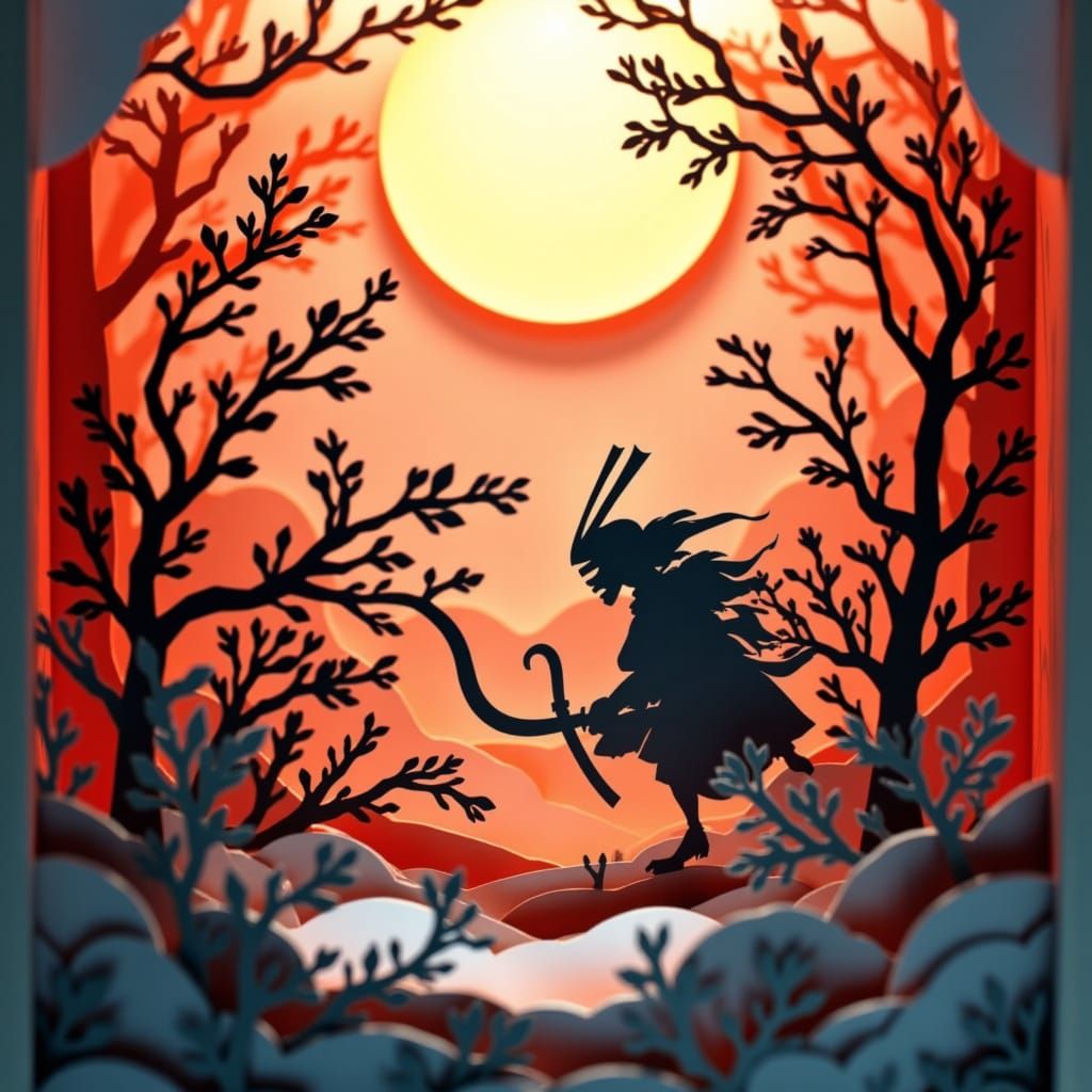 <lora:Shadowbox Cutscape:1.0> papercut diorama of an anime samurai battle