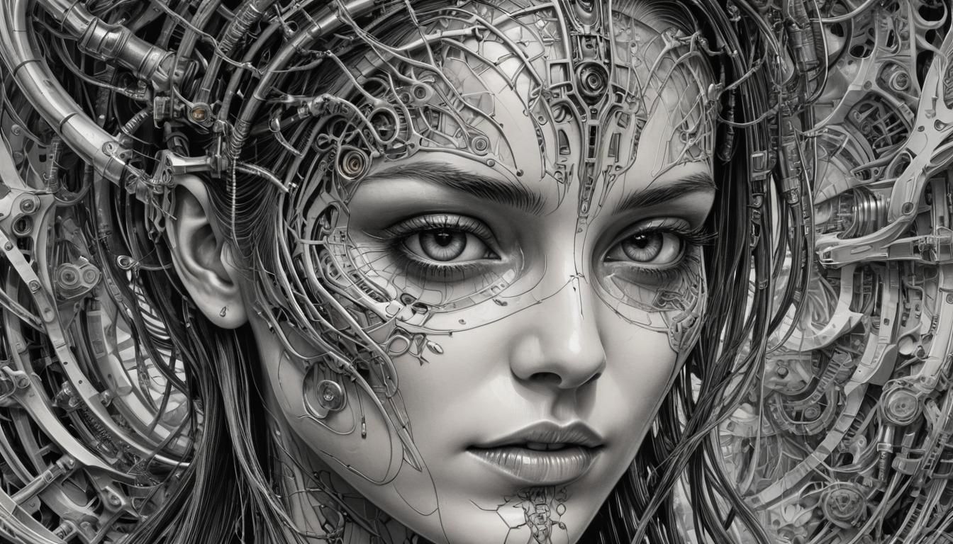 Intriguing portrait, woman's face, ink colors on white paper