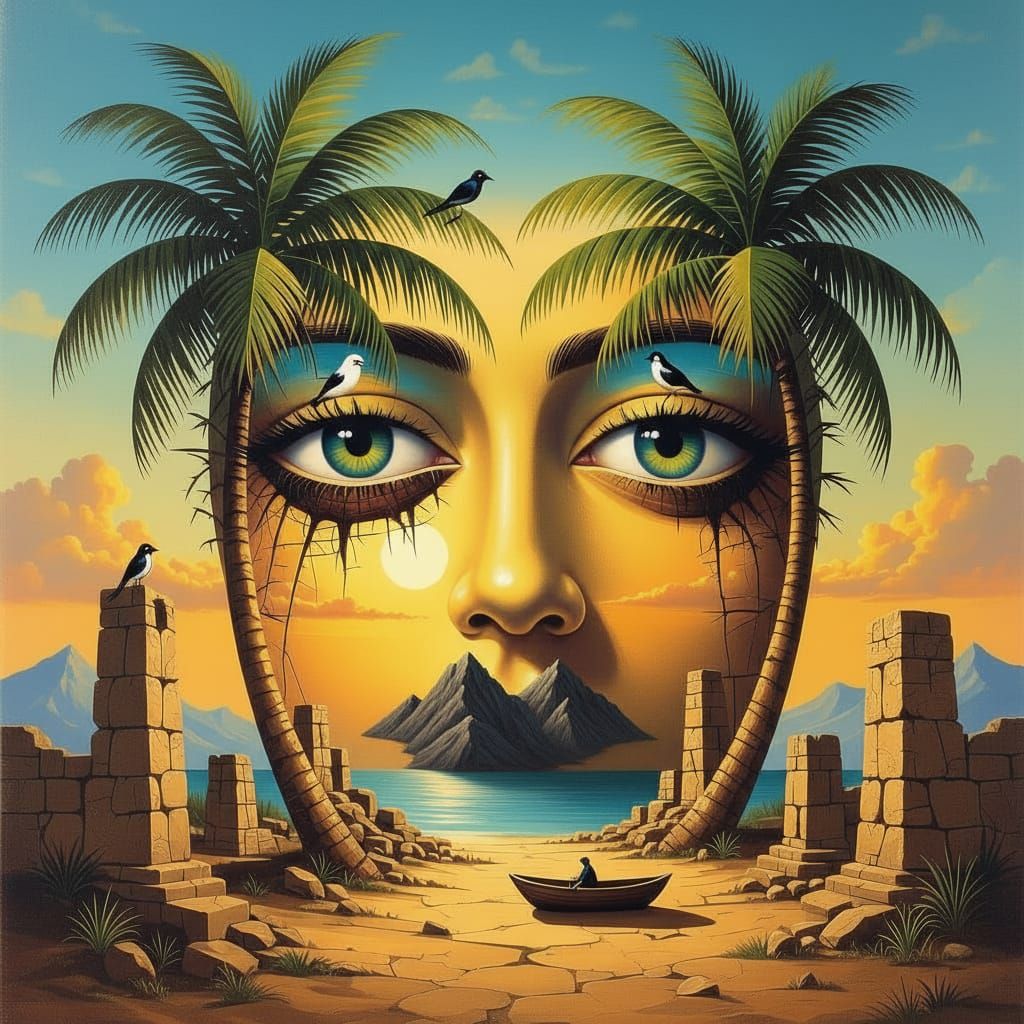 An astrontwo coconet tree as a female face , several birds are flying that is nose, two mountains as mouthsmall boat as mouth, coconet tree ...