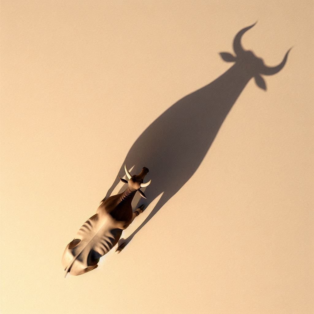 A top-down view of a zebu walking on a minimalist beige back...