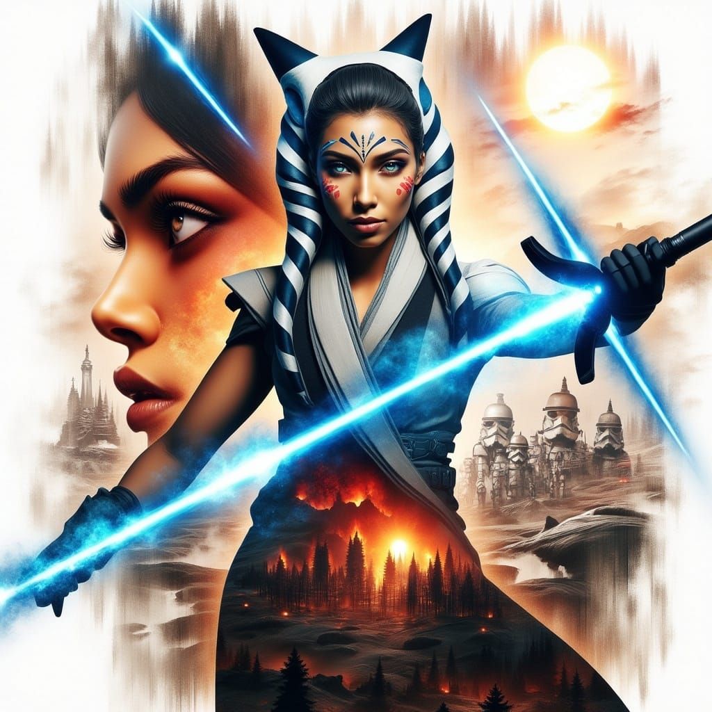 <lora:Double Exposure Flux:1.0>
A dark, ominous, 
double-exposure illustration of a beautiful Ahsoka Tano with her blue light saber with no...