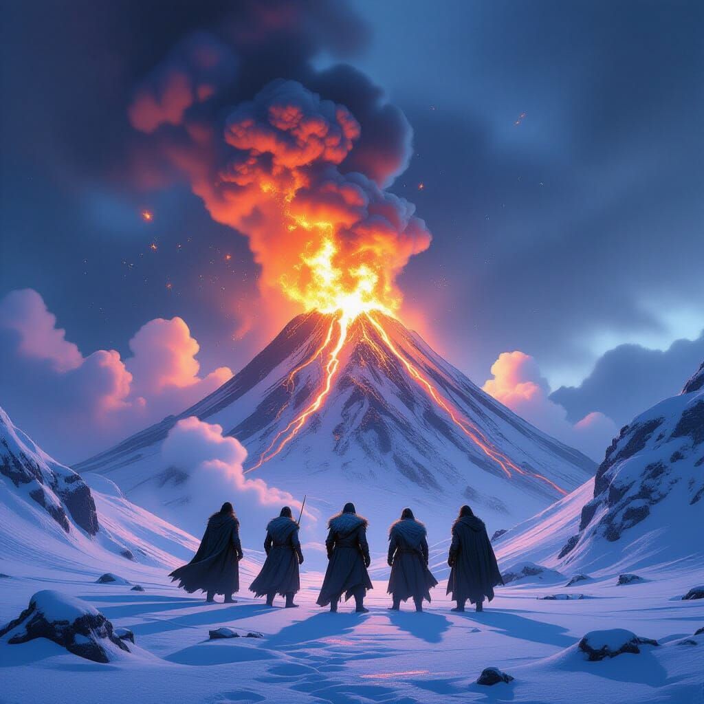 Adventurers on Snowy Volcano with Fire Eruption