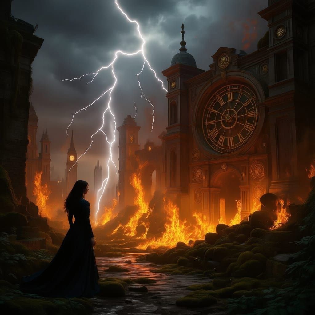 A lone woman stands amidst the crumbling ruins of a once-grand city, overgrown with vibrant moss and clinging vines. Intricate clockwork mec...