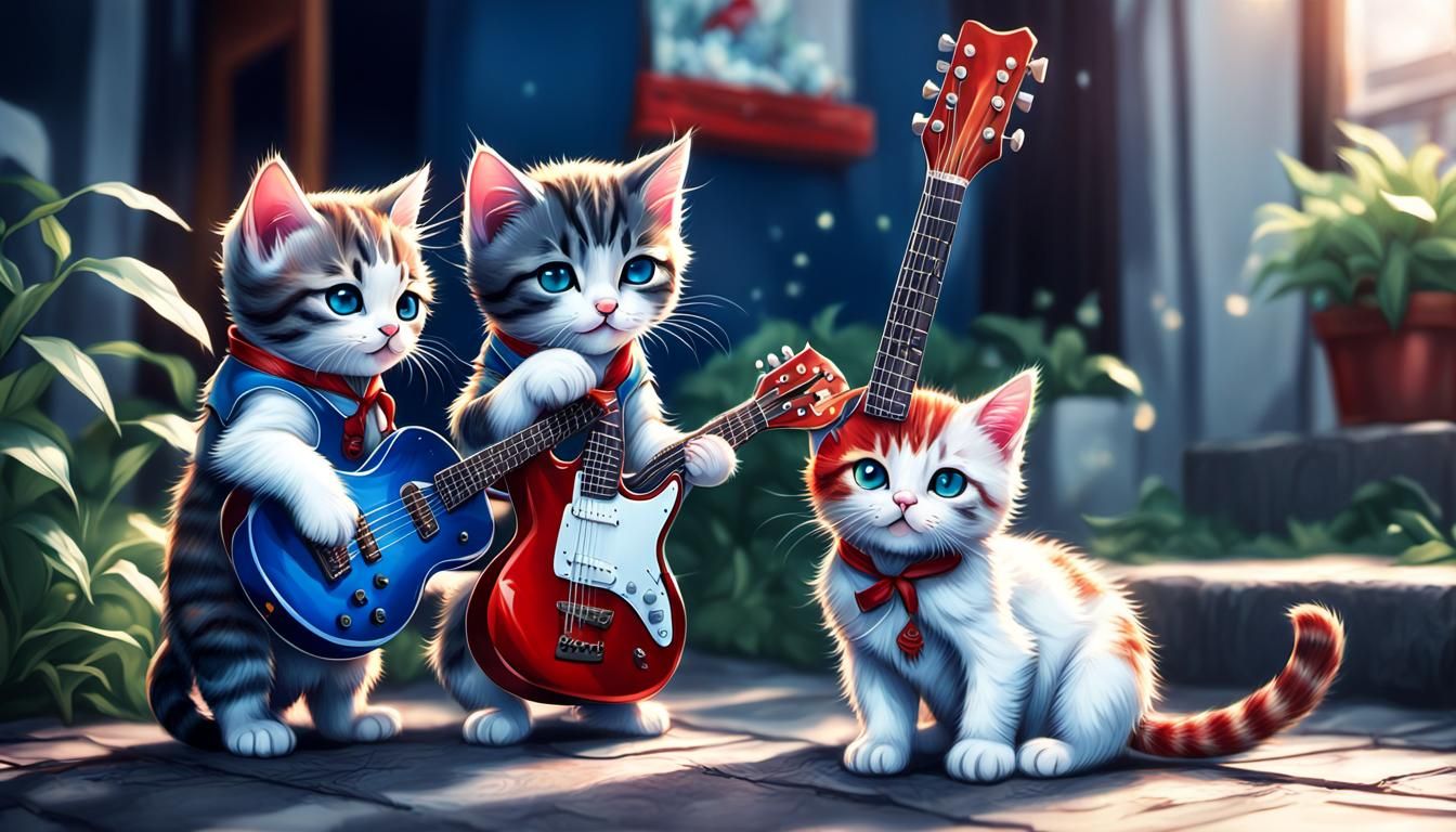2 cute kittens play guitar. Colors blue – red – white. intri...
