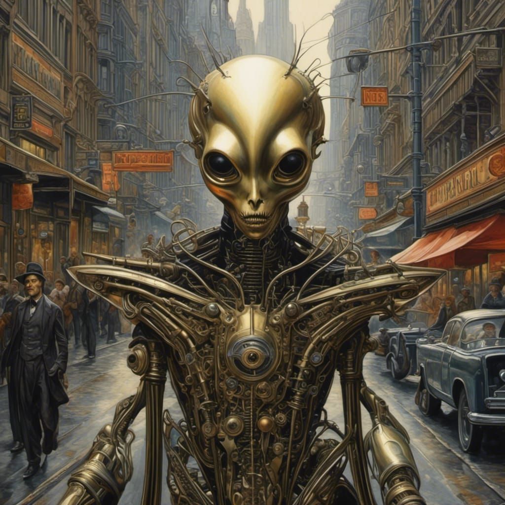 <lora:Extremely Yumi 2:1.0> An alien-scarecrow in ciberpunk city, hyper-detailed, hyper-realistic, science fiction ,masterpiece by H.R. Gige...