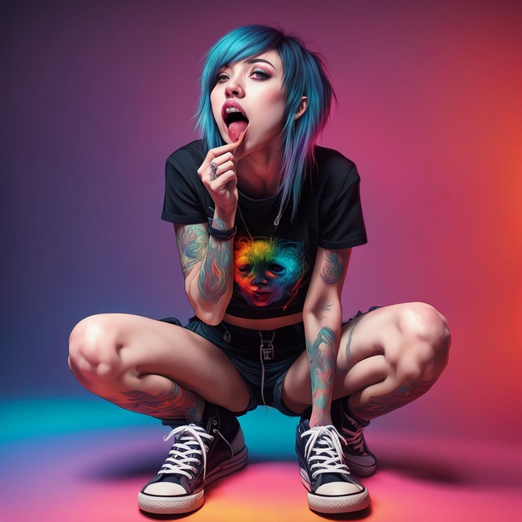 hot emo girl sticks out tongue while looking up lasciviously full