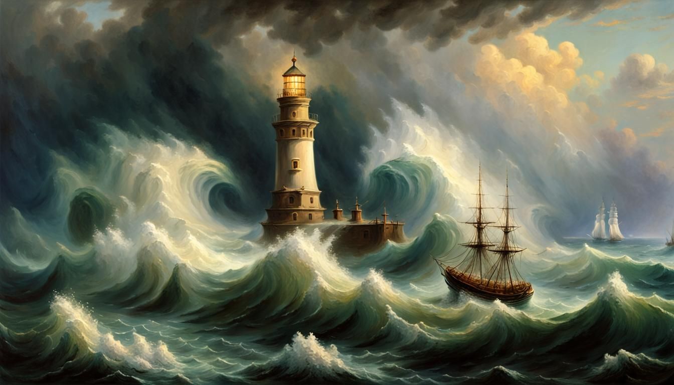 The wind and water pound the lighthouse  by @AI Curious