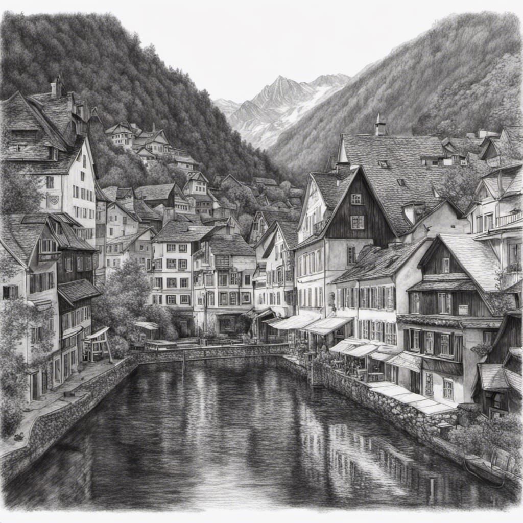 Black and white pencil drawing of Halstatt Austria  by @Nolan Void