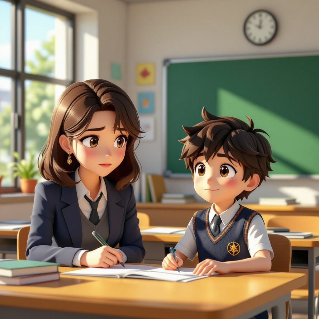 Mischievous Student in Vibrant 3D Anime Classroom