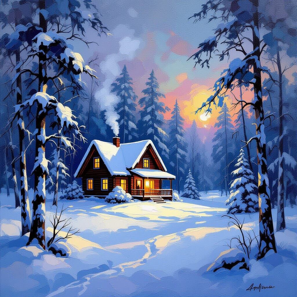 Snowy Cabin Landscape in Gouache Impressionist Style