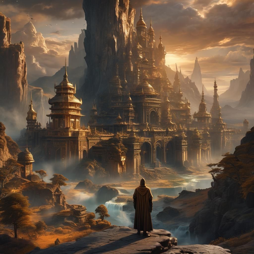 Golden Light Illuminates a Sage in Fantasy Landscape
