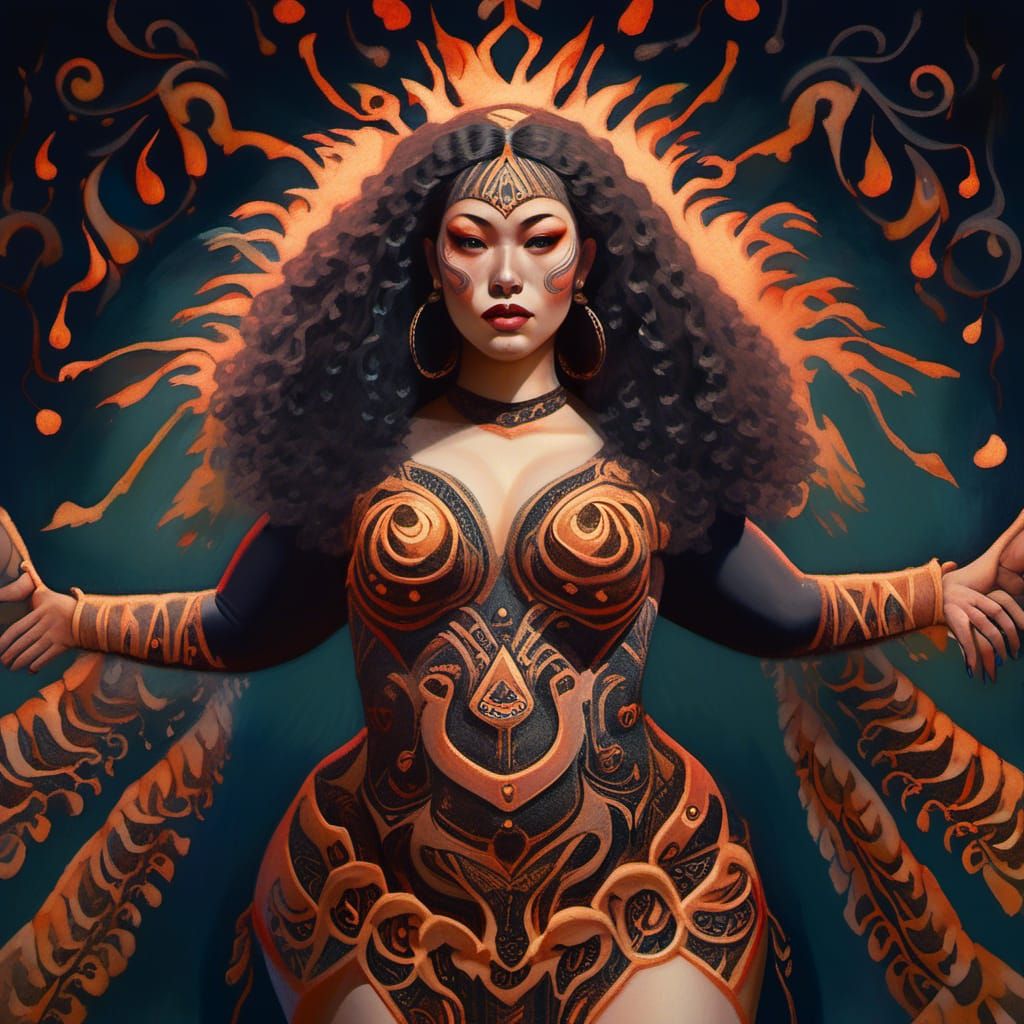 A captivating watercolor painting featuring a mysterious natural <overweight> <curvy:1.5> female fire dancer. Dancing while wearing a full b...