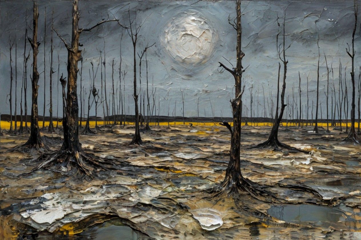 Mixed media landscape with trees and Moon
