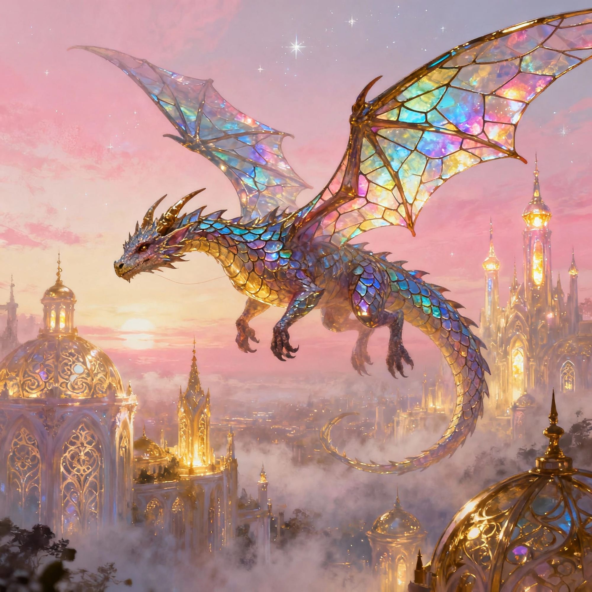 An ancient, colossal stegosaurus clockwork automaton, gears grinding with the sound of distant thunder, stands guard over a forgotten city. ...