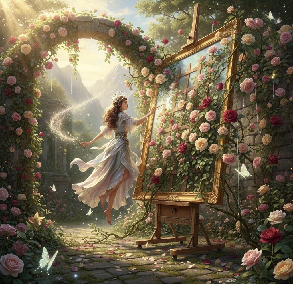 A Magical Artist, who is painting wild roses blossoming on a...