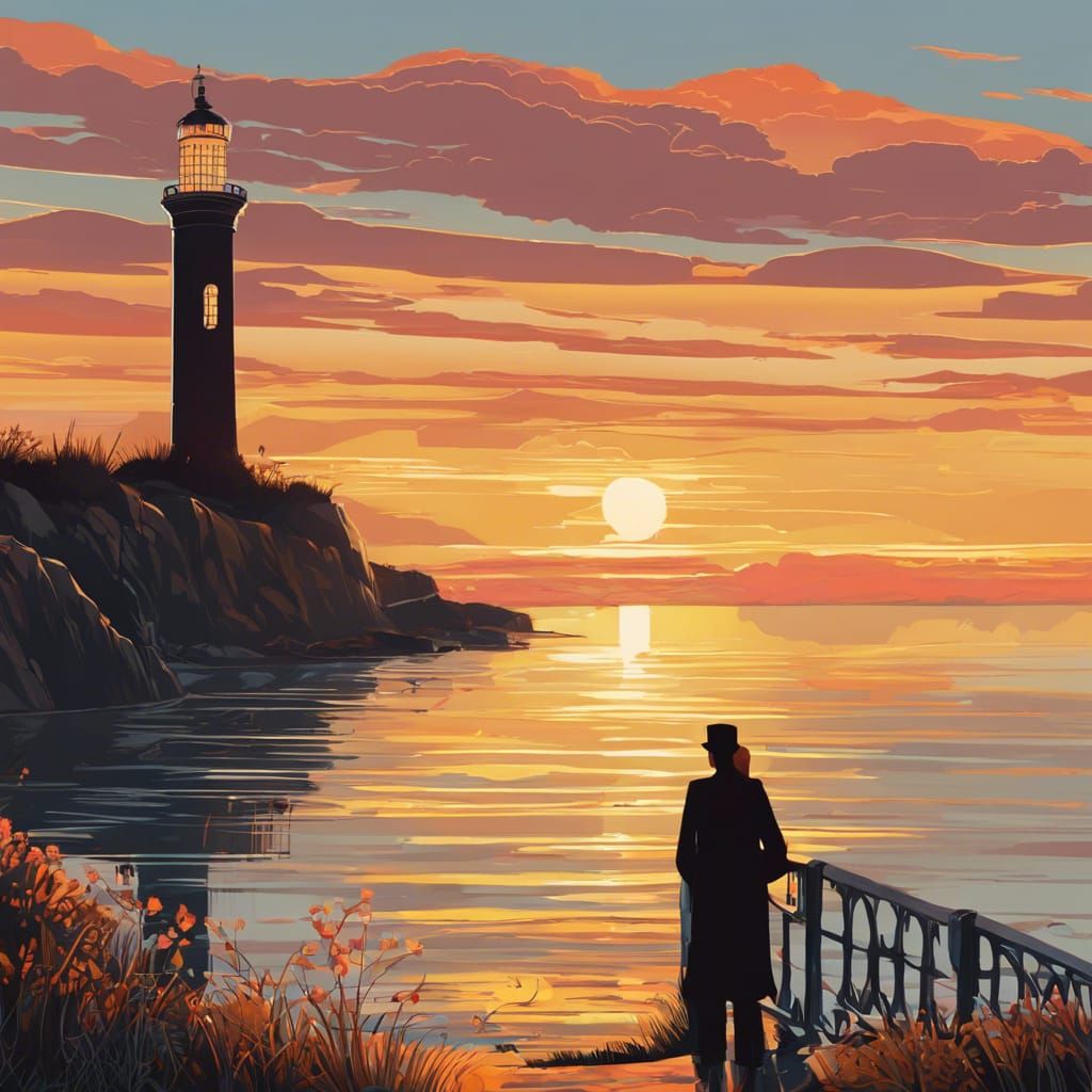 Seaview looking towards a lighthouse at sunset