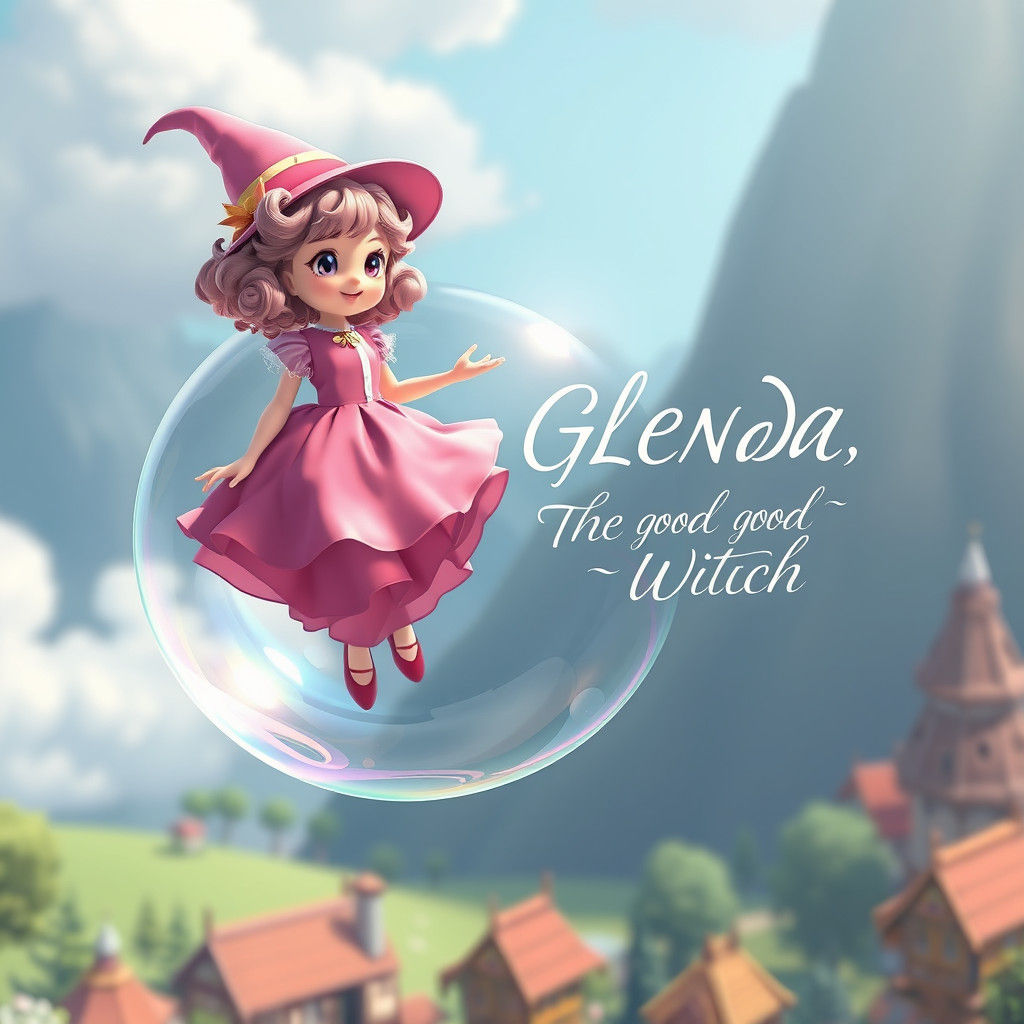 Glenda, the good witch bubble gum pink themed Good witch on a bubble descending over the munchkin village. Curly Shirley Temple hair The wor...