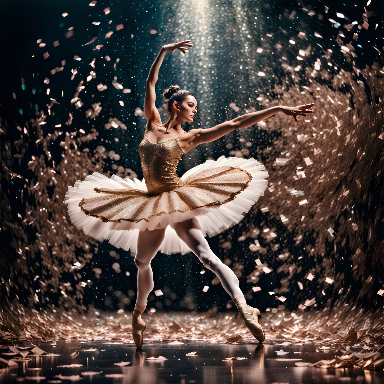 glitter confetti and ballerina with two legs and two arms intricate details, HDR, beautifully shot, hyperrealistic, ...  by @Patsy 