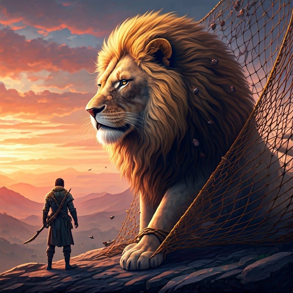 Majestic Lion Freed by Mice in Sunset Fantasy Landscape