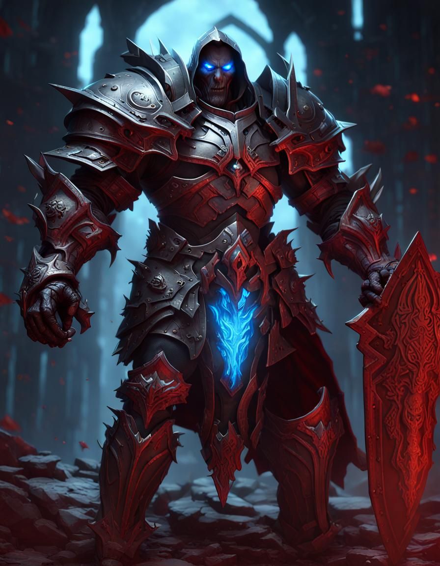 muscular death knight, wearing dark red plate armor, long wh...